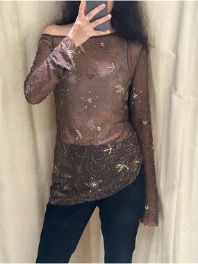 Zara Brown Sheer Mesh Top with Gold Embellishment